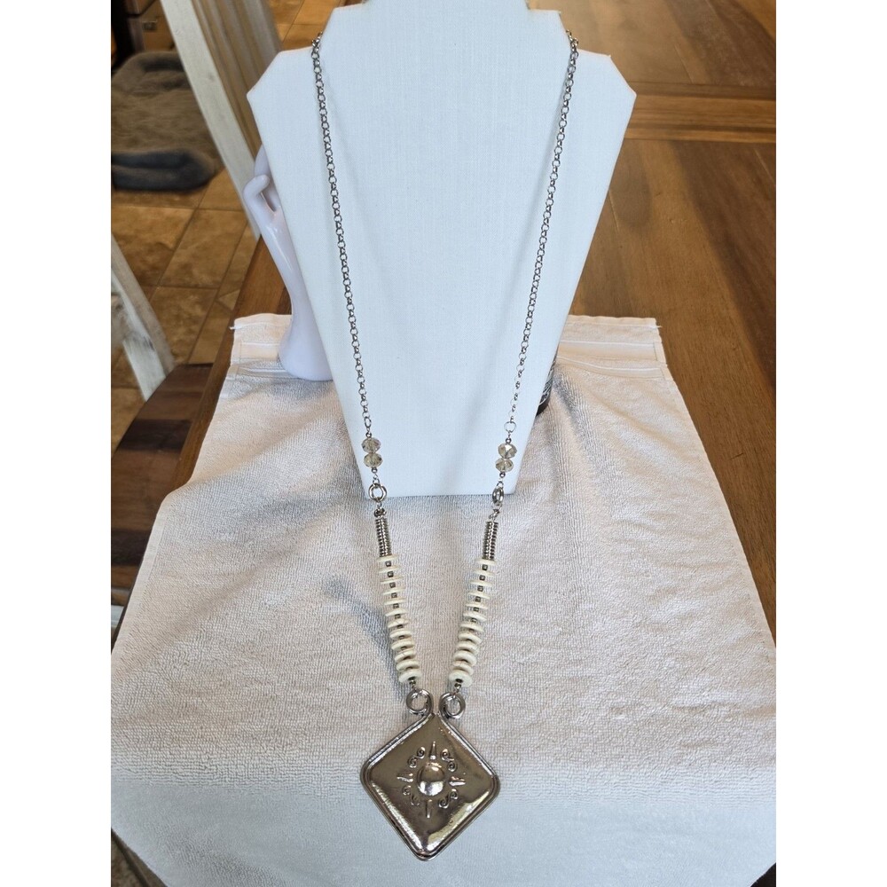 Lucky Brand Long 34"+ Boho Necklace Howlite & Crystal Beads Square Pendant L&F